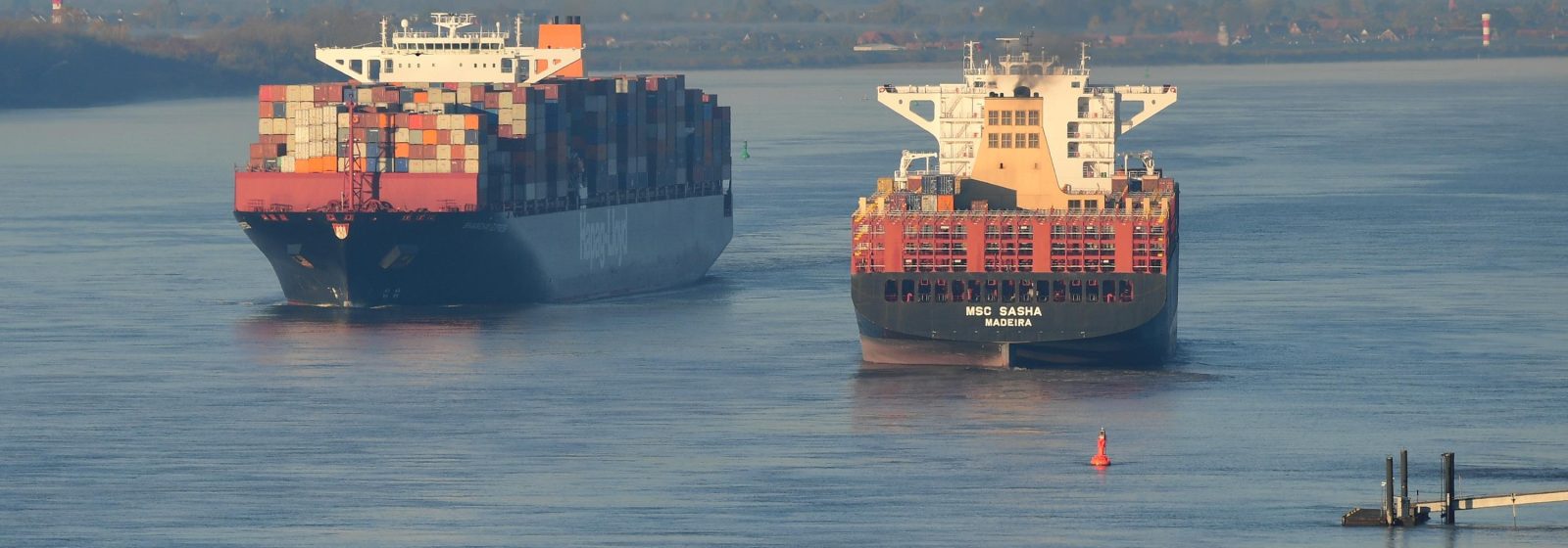 Grote containerschepen op de Elbe